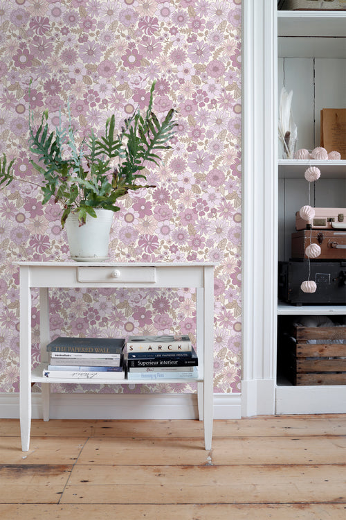 ESTAhome behang retro bloemen lila paars - 50 x 900 cm - 131248 - vtwonen shop