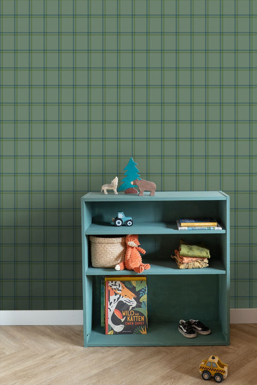 ESTAhome behang ruiten donkergroen en blauw - 50 x 900 cm - 132163