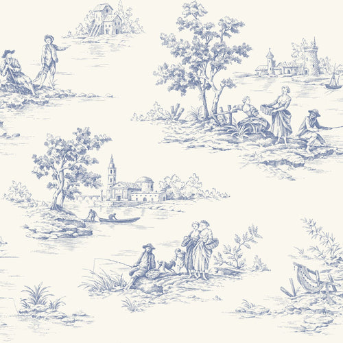 ESTAhome behang toile de jouy print blauw en wit - 50 x 900 cm - 132110