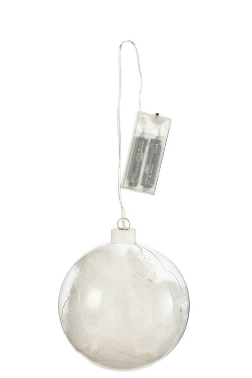 J-Line decoratie Bal Pluimen - glas - wit - small - 4 stuks - LED lichtjes - vtwonen shop