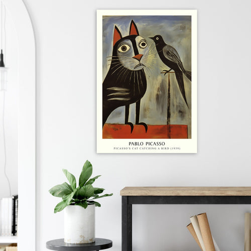 Artfulprints Poster met Lijst Pablo Picasso - Picasso's cat catching a bird   - 70x100 cm - Grijs