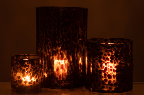 J-Line windlicht Cil Stippen - glas - bruin/zwart - large