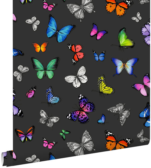 ESTAhome behang vlinders multicolor op zwart - 53 cm x 10.05 m - 138508