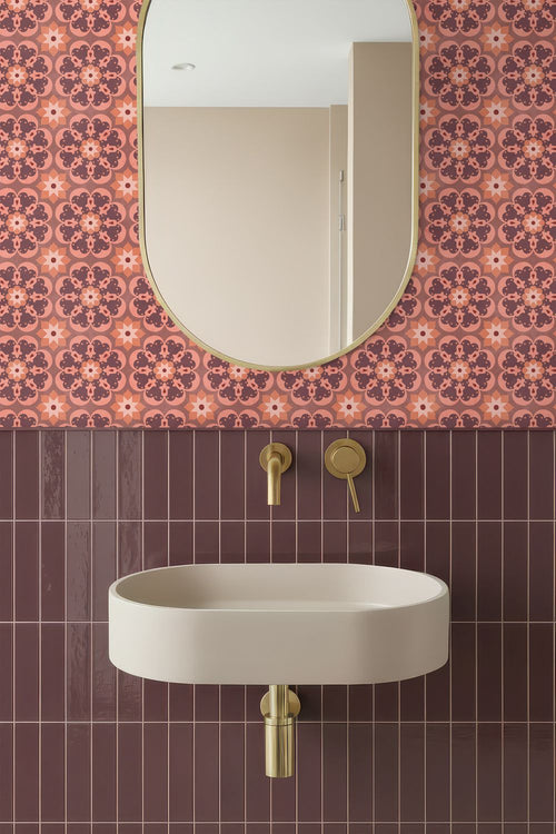 ESTAhome behang tegelmotief paars en terracotta - 50 x 900 cm - 132075
