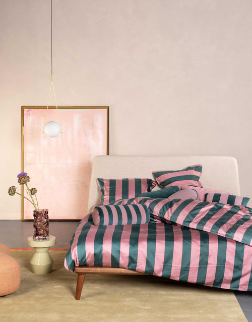 Essenza Minte Stripe dekbedovertrek - Tweepersoons – 200x200/220 cm - Woodrose - Dark teal