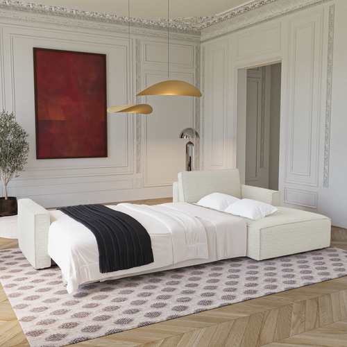 Premium Interiors - Rechthoekige hoekbank met slaapfunctie en opbergruimte  - stof met tweed-effect crème 297cm