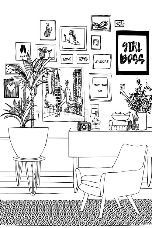 ESTAhome fotobehang tekening woonkamer zwart wit - 186 x 279 cm - 158813 - vtwonen shop