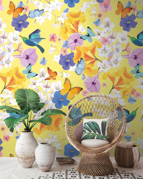 Livingwalls fotobehang bloemen en vogels meerkleurig, geel, blauw, wit en lila paars - 159 x 280 cm - AS-391971