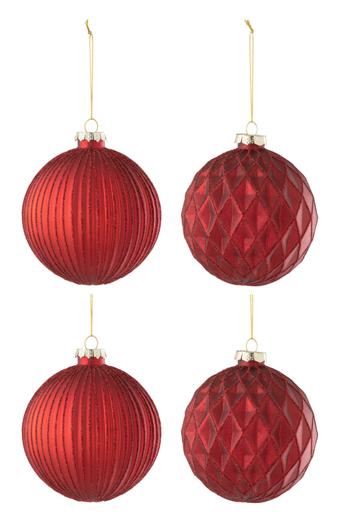 J-Line kerstbal Geribbeld/Ruit - glas - rood - large - doos van 4