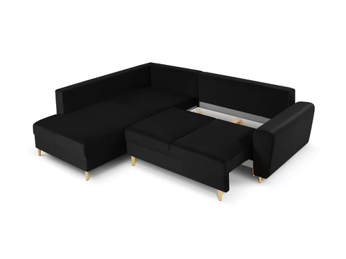 Cosmopolitan Design Uitklapbare hoekbank links met opbergdoos Kyoto 5-zits, flueel, zwart - 194x243x88cm