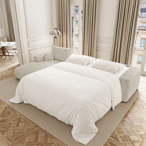 Premium Interiors - Linkerhoekbank met snelle uitklapfunctie COMO - zacht aanvoelende geweven stof crème 300cm