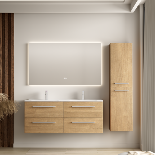 LOMAZOO badmeubelset Navero - met hoge kast & witte wastafel - licht eiken - 120 cm