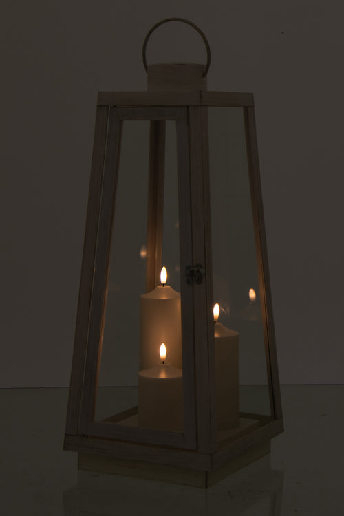 J-Line lantaarn + kaars - glas - wit - large - LED lichtjes