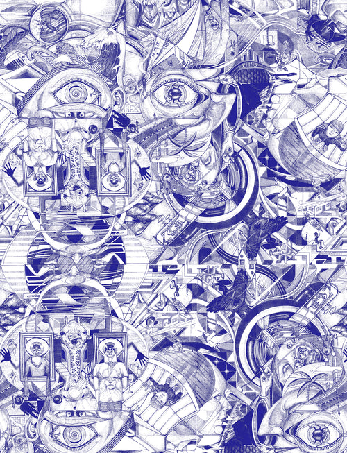 Walls4You behang surrealistisch motief blauw en wit - 53 cm x 10 m - 640157