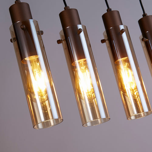 Searchlight Sweden II 5 lichtbalk plafond hanglamp mokka metaal & amber glas