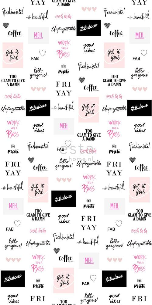 ESTAhome XXL behang hippe quotes zwart, wit en roze - 50 x 900 cm - 158815