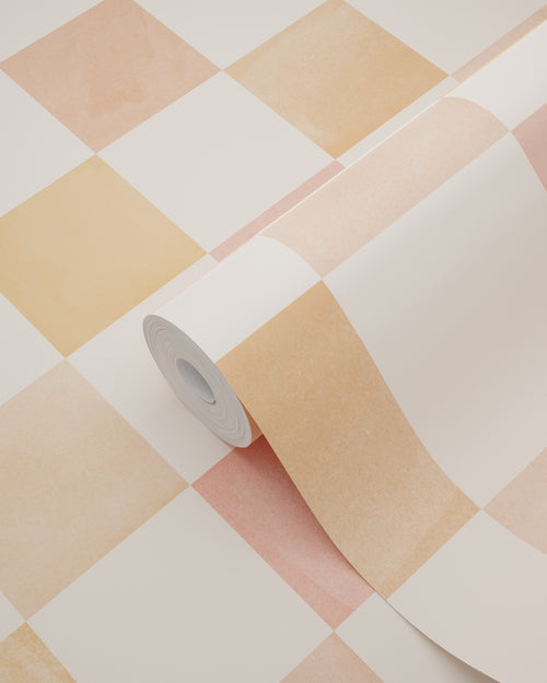 ESTAhome behang geblokt motief beige, oranje en roze - 50 x 900 cm - 131719