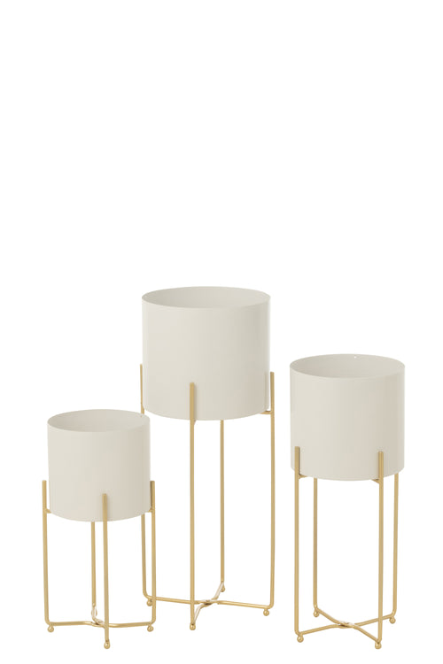 J-Line bloempot Rond - ijzer - goud/wit - set van 3