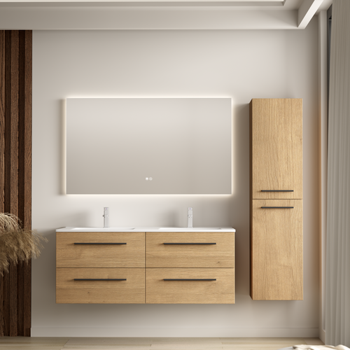 LOMAZOO badmeubelset Navero - met hoge kast & witte wastafel - licht eiken - 120 cm