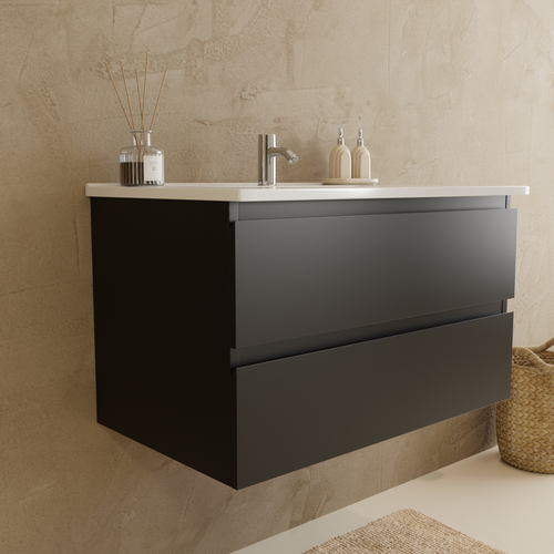 LOMAZOO badmeubelset Verona - met hoge kast & witte wastafel - mat zwart - 80 cm