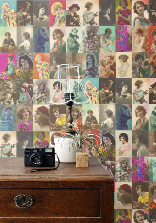 ESTAhome XXL behang vintage ansichtkaarten met vrouwengezichten meerkleurig - 50 x 900 cm - 158102