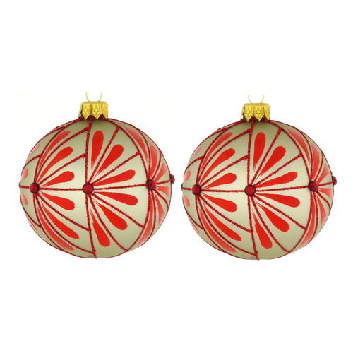 Dagmara kerstbal – beige – glas – set van 2 – met rode Japanse stijl decoratie - vtwonen shop