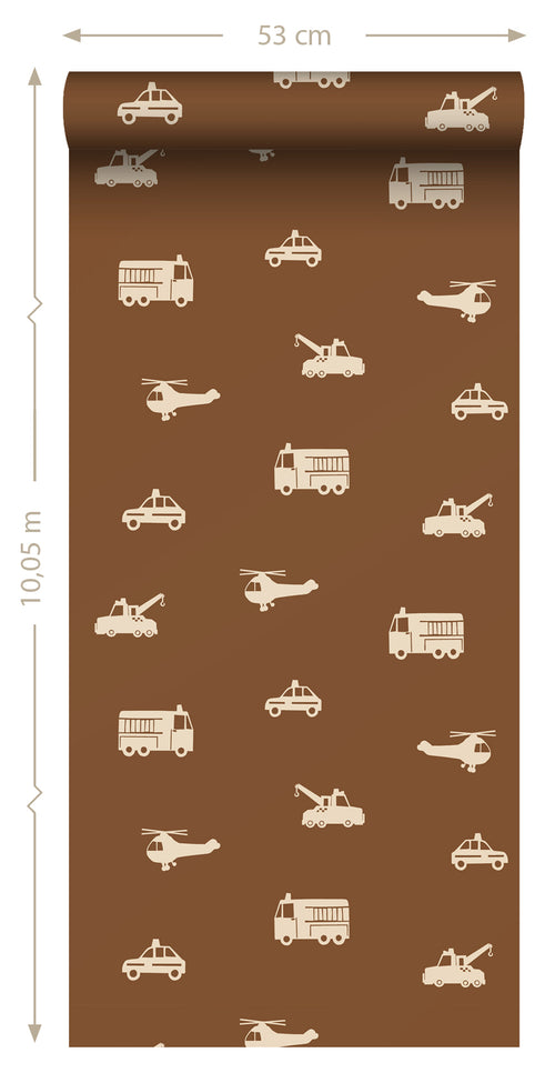 ESTAhome behang auto's, brandweerauto's, helikopters en kranen bruin - 50 x 900 cm - 131453 - vtwonen shop