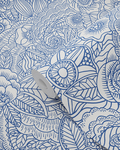 ESTAhome behang bloemtekeningen blauw op wit - 53 cm x 10.05 m - 148615