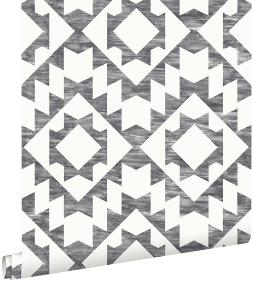ESTAhome behang Marrakech aztec tapijt zwart en mat wit - 53 cm x 10.05 m - 148677