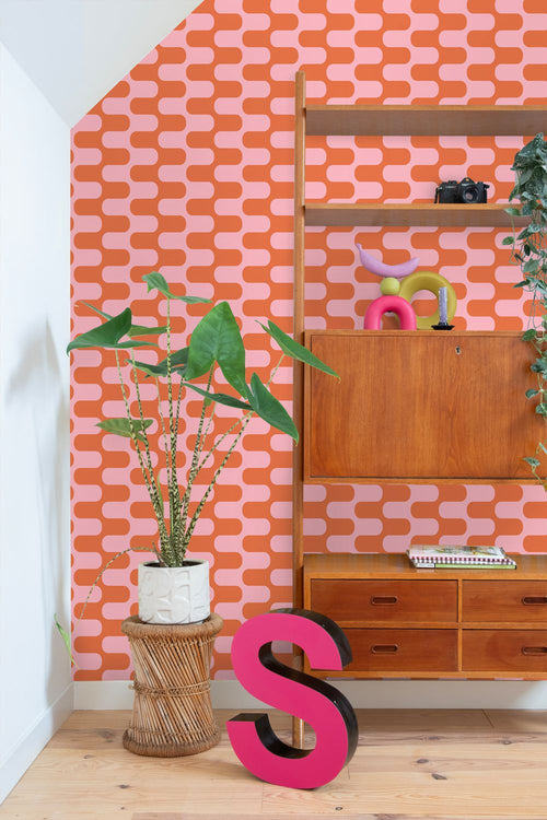 ESTAhome behang golvende lijnen oranje en roze - 50 x 900 cm - 131836