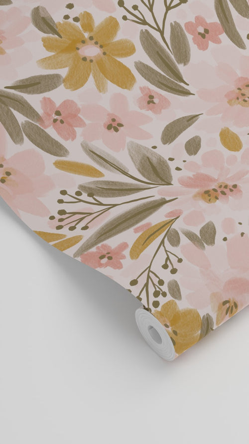 ESTAhome behang bloemen licht roze, okergeel en vergrijsd groen - 50 x 900 cm - 130923 - vtwonen shop