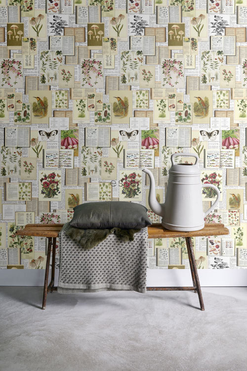 ESTAhome fotobehang botanische prenten beige, groen en roze - 100 x 279 cm - 158508