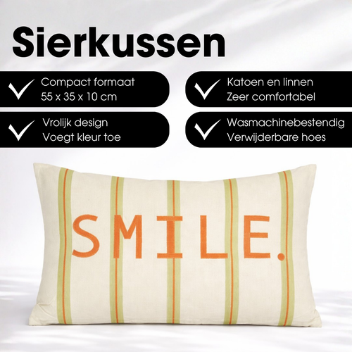 Mica Decorations Smile Sierkussen - Kussen met Kussenhoes - Woondecoratie Woonkamer - 55 x 35 x 10 cm - Katoen - Groen, Off-white, Oranje
