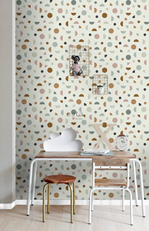ESTAhome behang grafisch motief lichtbeige, oudroze en mintgroen - 53 cm x 10.05 m - 139277