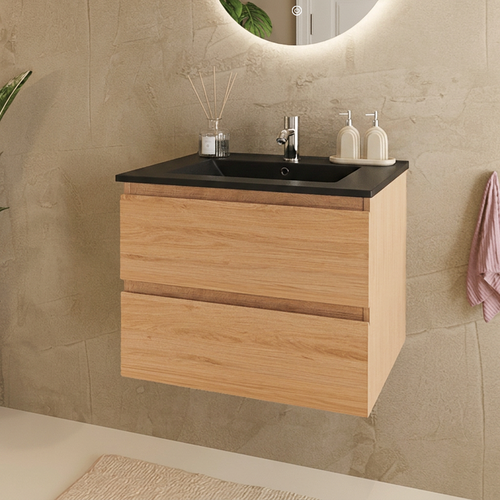 LOMAZOO badmeubelset Verona - met kolomkast & zwarte wastafel - licht eiken - 60 cm