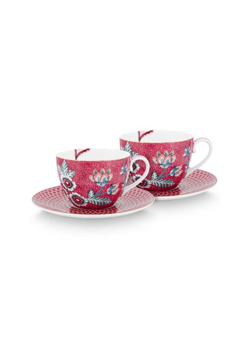 Pip Studio Flower Festival Kop en Schotel - Servies - Set van 2 - Donkerroze - 280ml - vtwonen shop