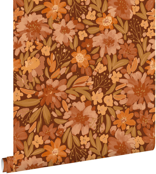 ESTAhome behang bloemen terracotta, bruin en groen - 50 x 900 cm - 132196