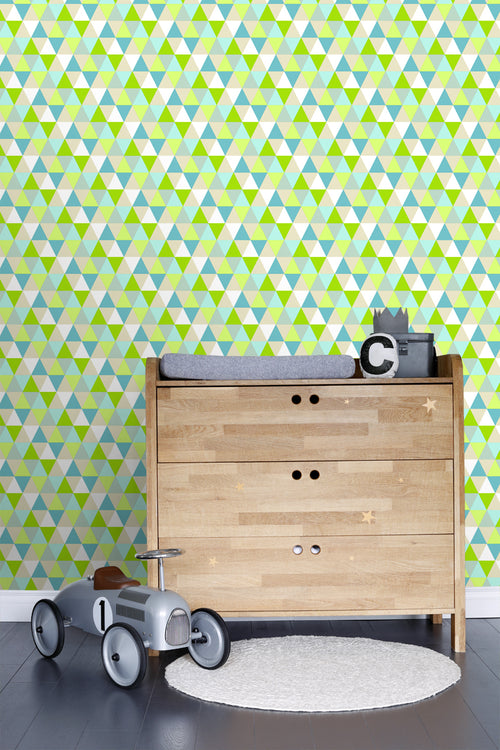 ESTAhome behang driehoekjes limegroen, turquoise en beige - 53 cm x 10.05 m - 138713