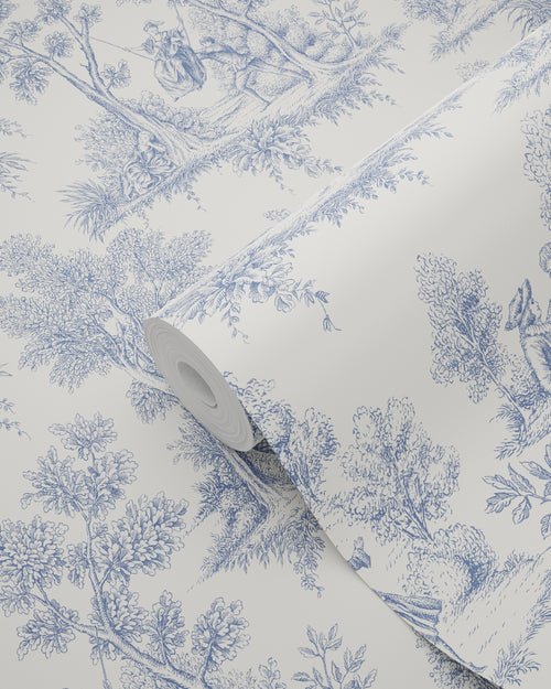 ESTAhome behang toile de jouy print blauw - 50 x 900 cm - 132096