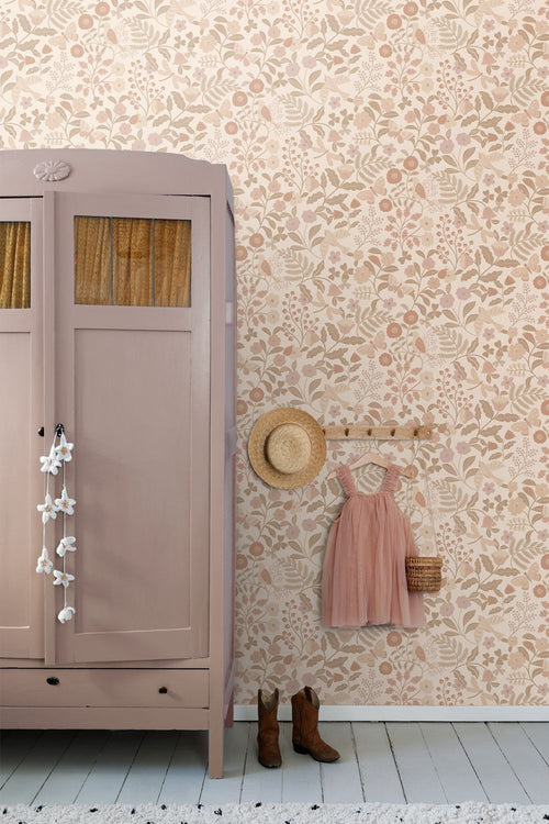 ESTAhome behang bloemen en vogels beige en zacht roze - 53 cm x 10.05 m - 139868