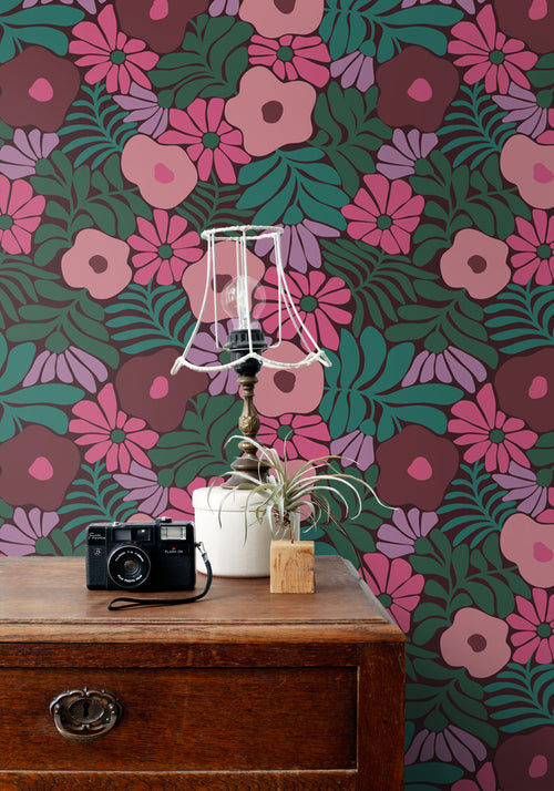 ESTAhome behang bloemen in Matisse stijl groen, roze en paars - 50 x 900 cm - 131137 - vtwonen shop