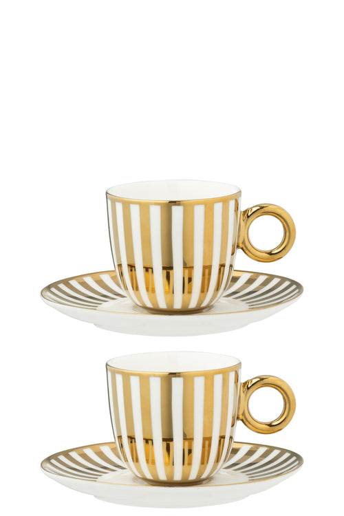 J-Line kopje + schoteltje Gestreept - porselein - goud/wit - large - doos van 2