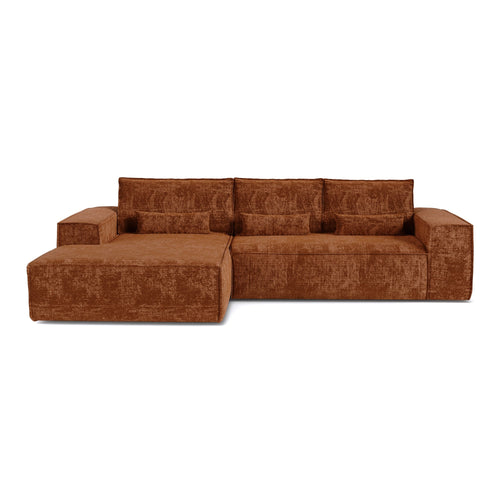 Premium Interiors - Linkshoekbank met snelle uitklapfunctie JUNE - gewaafd fluweel terracotta 320cm