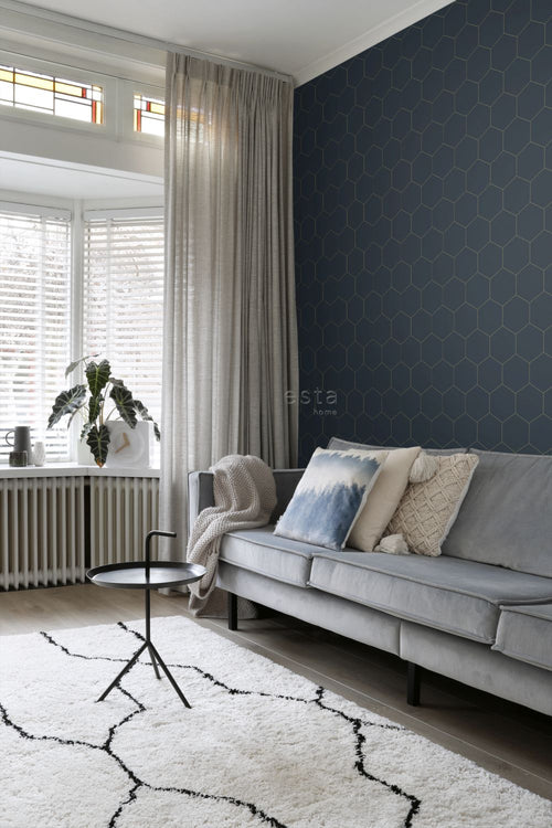 ESTAhome behang hexagon donkerblauw en goud - 53 cm x 10.05 m - 139237