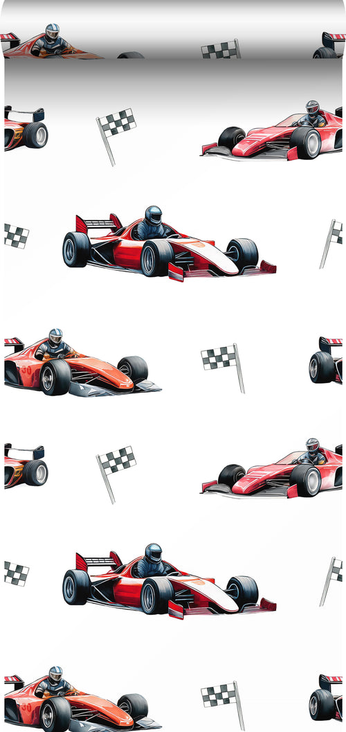 Sanders & Sanders behang race auto's rood, zwart en wit - 50 x 900 cm - 935372