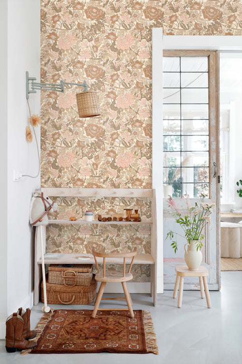 ESTAhome behang vintage bloemen zacht roze, bruin en taupe - 50 x 900 cm - 131191