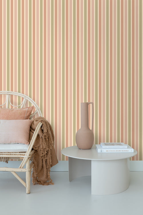 ESTAhome behang strepen terracotta roze en groen - 50 x 900 cm - 131506 - vtwonen shop
