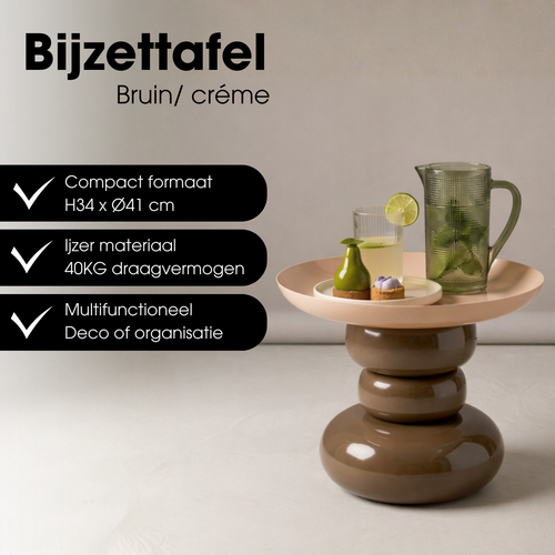 Mica Decorations Zita Bijzettafel - Bijzettafeltje Rond - Woonkamer Decoratie - 34 x 41 cm - IJzer, MDF, Fluweel - Bruin Creme