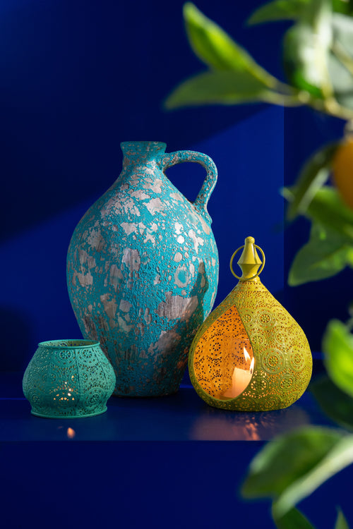 J-Line theelichthouder Cylinder - metaal/glas - cyaan - small