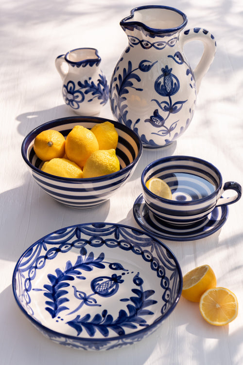 J-Line kopje + schoteltje Granada Stripes - keramiek - wit/blauw
